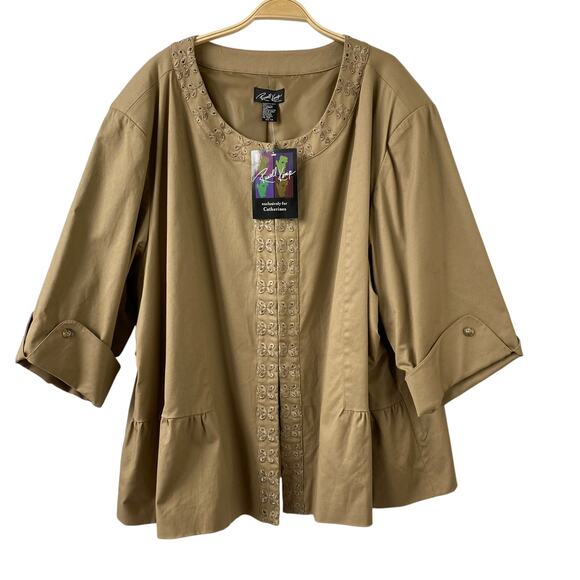 Russel Kemp Catherines Swing Blazer Jacket Women 5X Tan Khaki Embroidered Eyelet - Picture 1 of 11